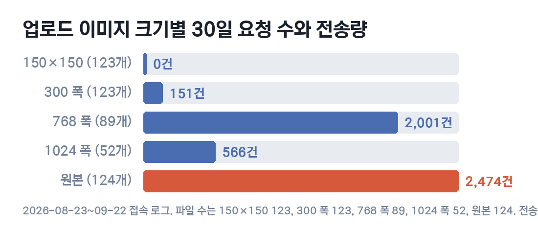 업로드 이미지 크기별 30일 요청 수 막대그래프. 150×150 0건, 300 폭 151건, 768 폭 2,001건, 1024 폭 566건, 원본 2,474건