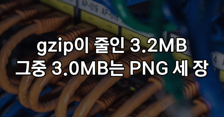 글 한 편 5.8MB가 gzip으로 2.5MB, 그런데 줄어든 3.2MB 중 3.0MB는 PNG 세 장에서 나왔다